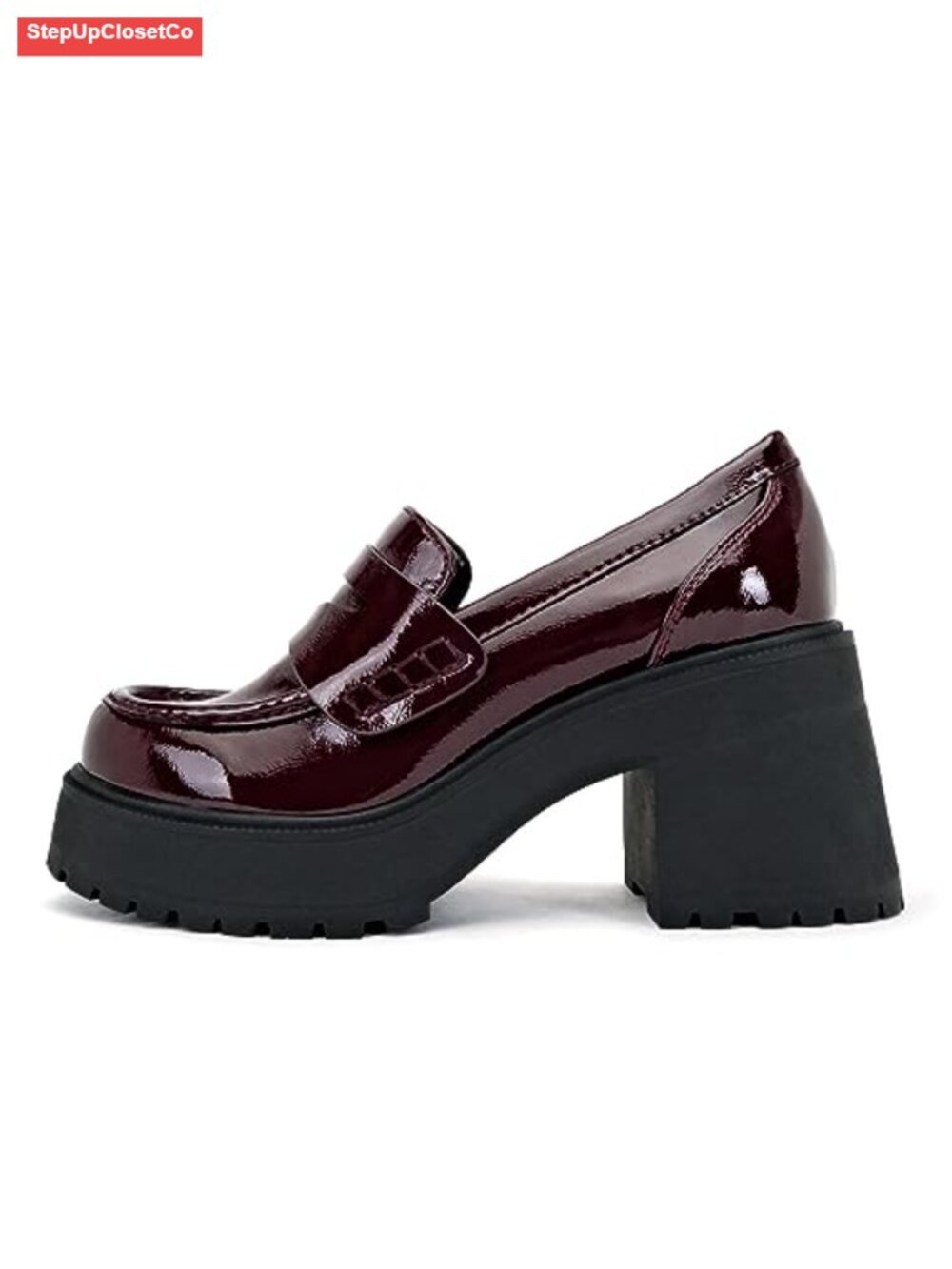 Women's Round Toe Slip-On Lug Sole High Heel Penny Loafer Shoe